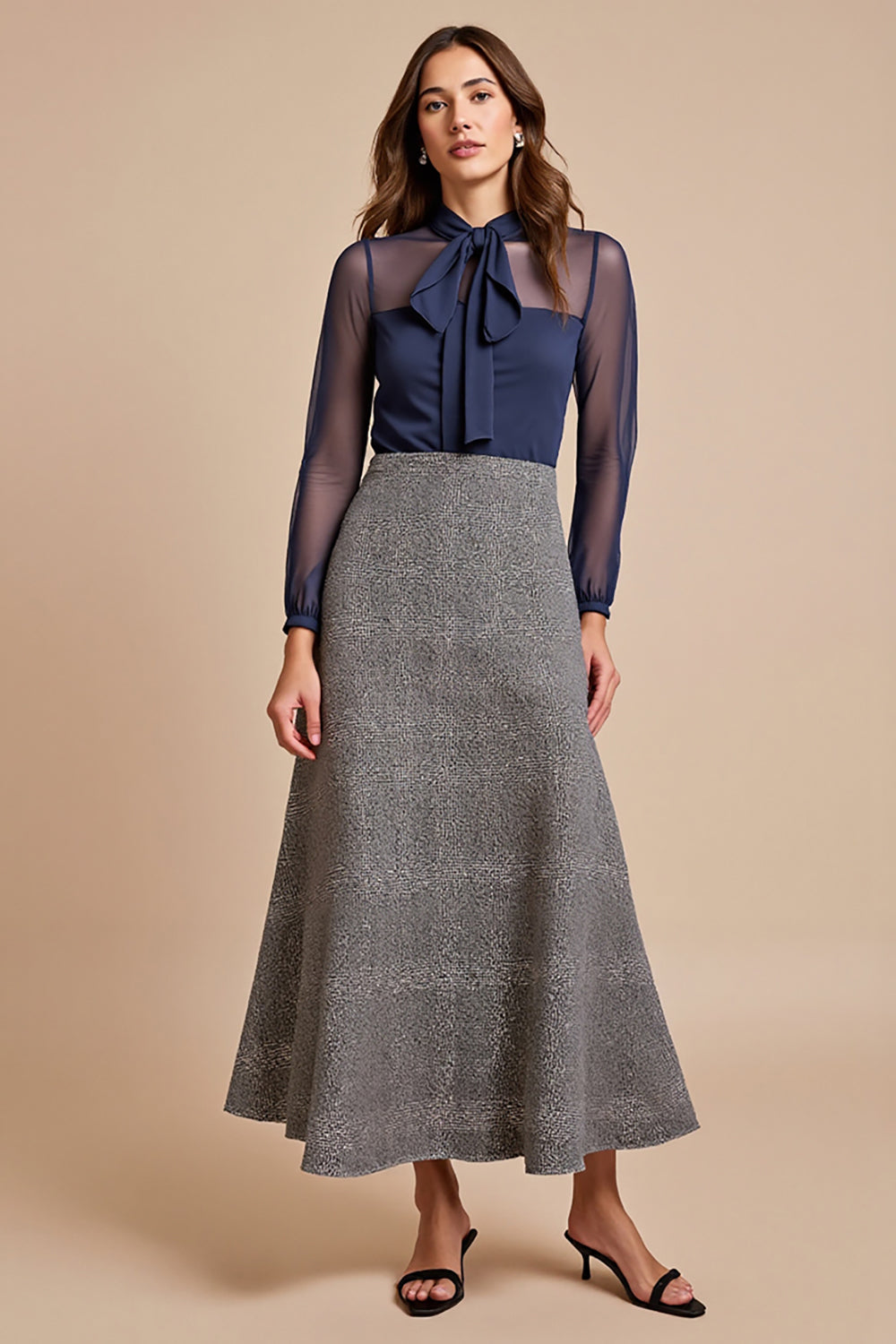 A Line Illusion Neck Grey Work Dress with Long Sleeves