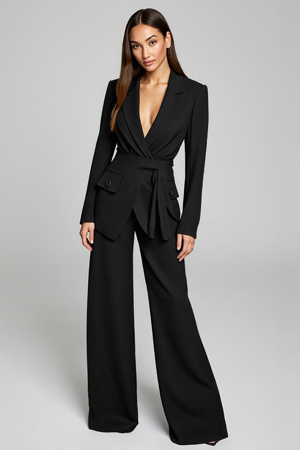 Black 2-Piece V-Neck Women's Suit with Long Sleeves