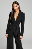 Black 2-Piece V-Neck Women's Suit with Long Sleeves