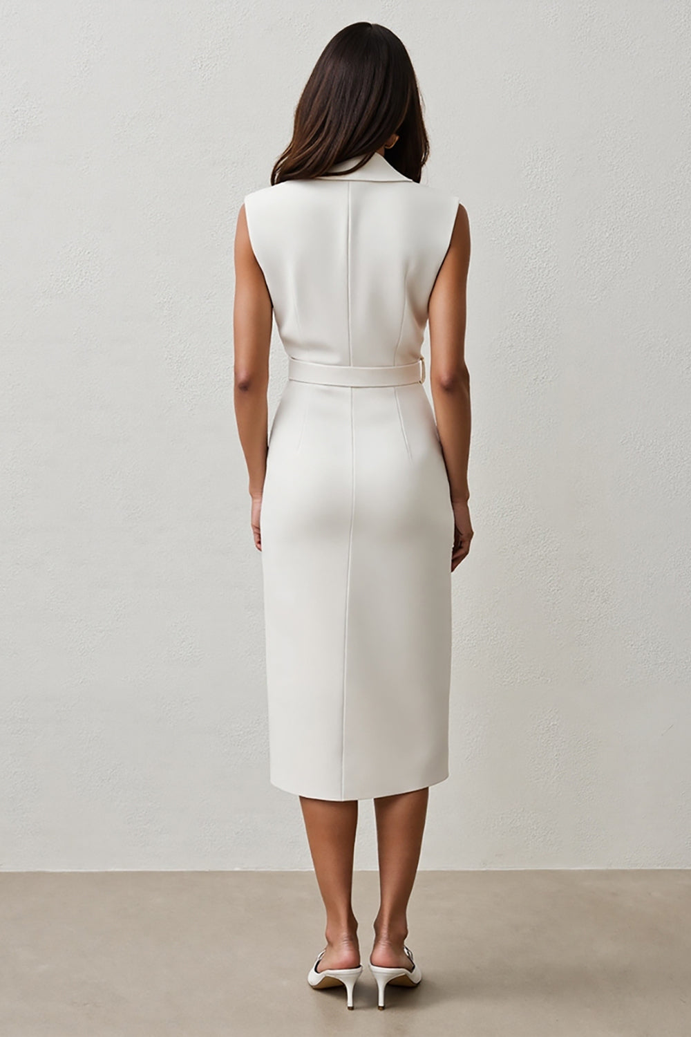 White Sheath Midi Work Dress with Belt