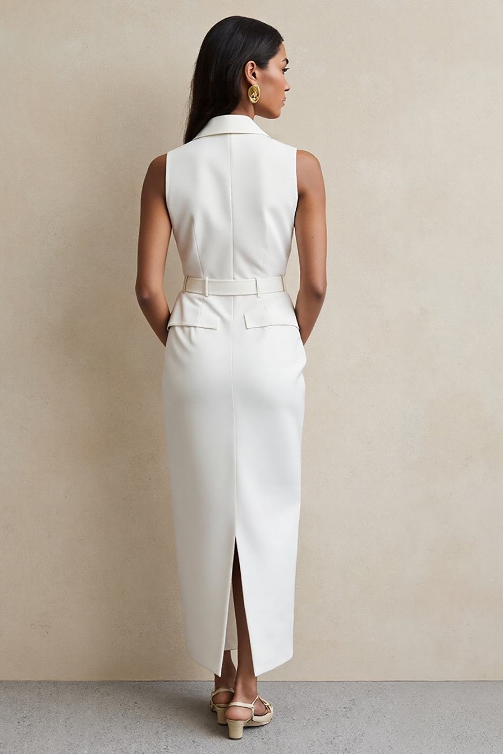 White Sheath V-Neck Long Work Dress with Belt