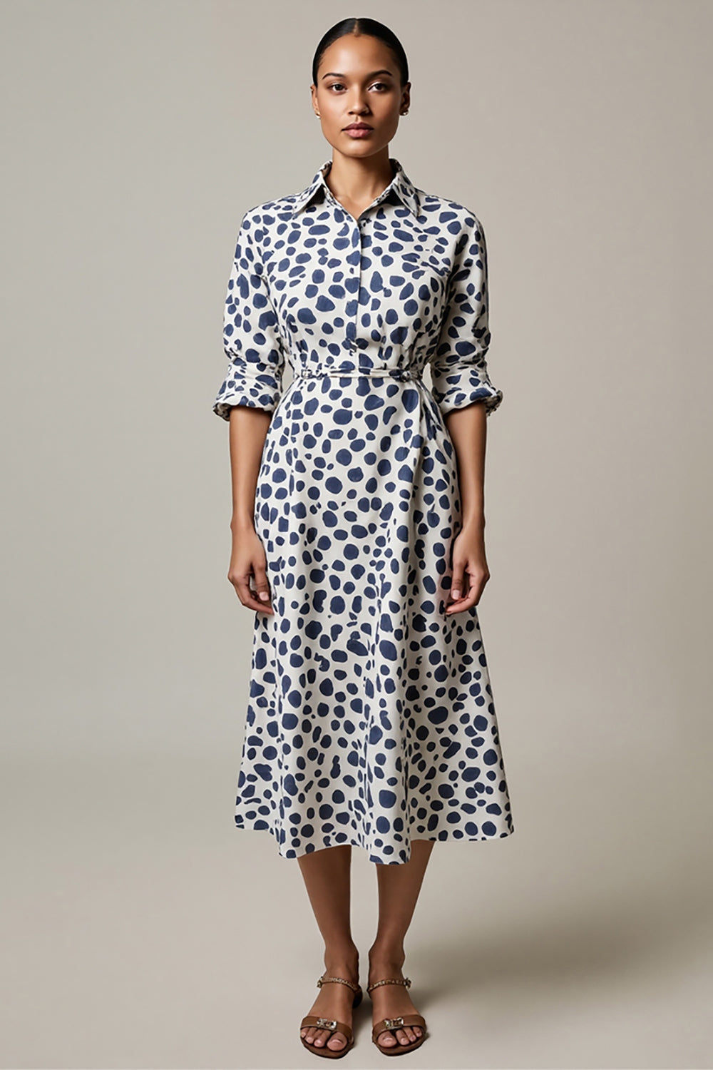 White Printed A Line Lapel Neck Midi Work Dress
