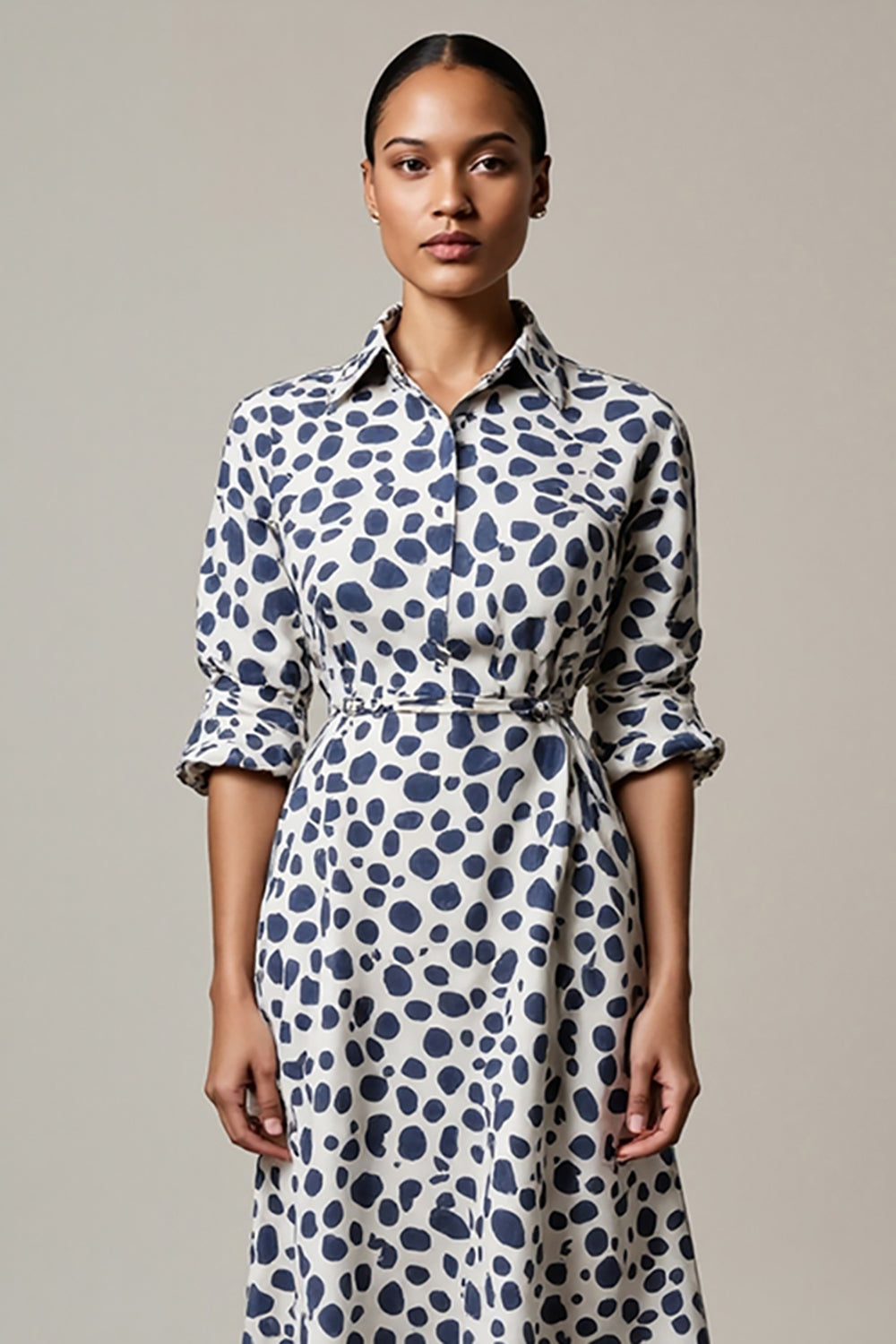 White Printed A Line Lapel Neck Midi Work Dress