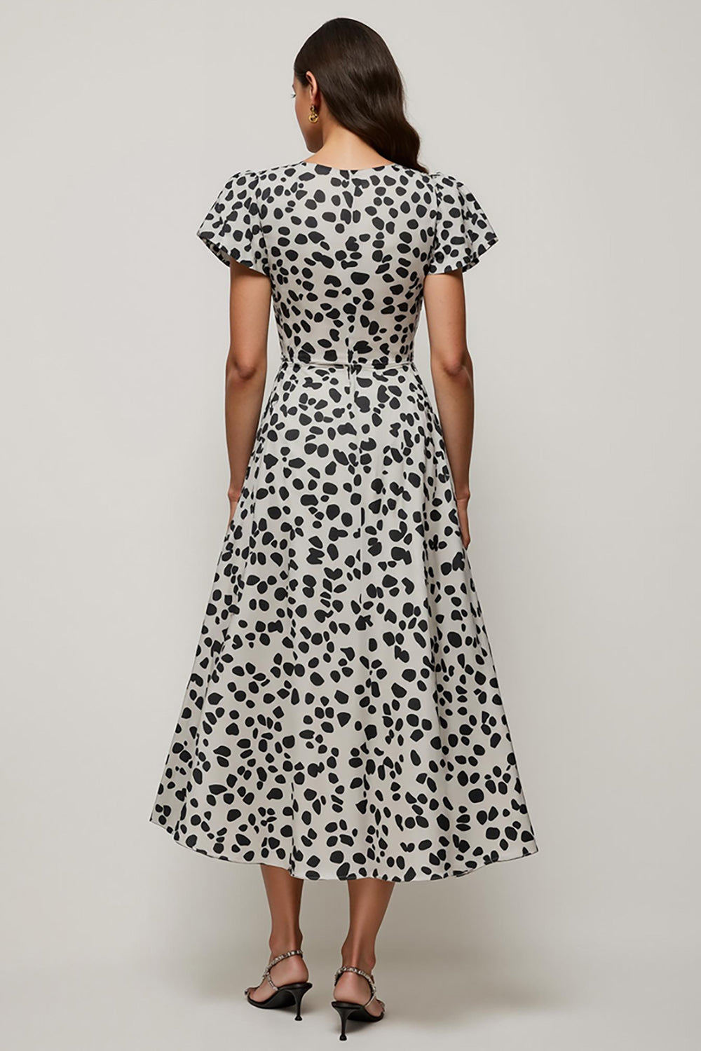 White Printed A Line Round Neck Midi Dress