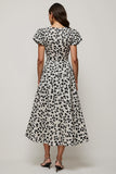 White Printed A Line Round Neck Midi Dress