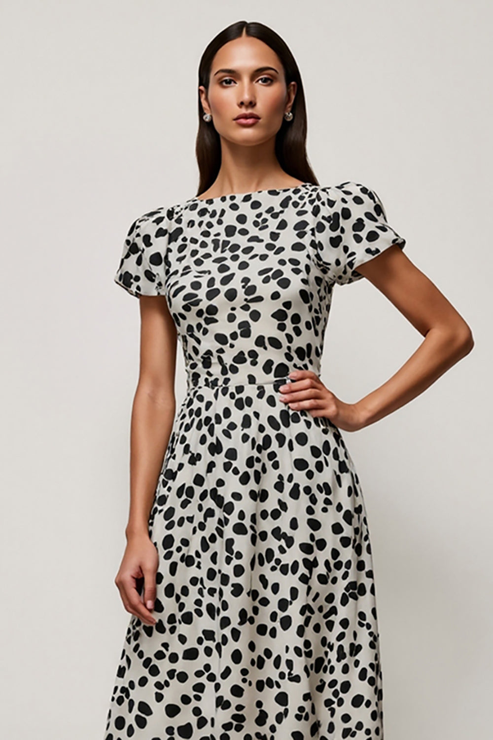 White Printed A Line Round Neck Midi Dress