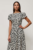 White Printed A Line Round Neck Midi Dress