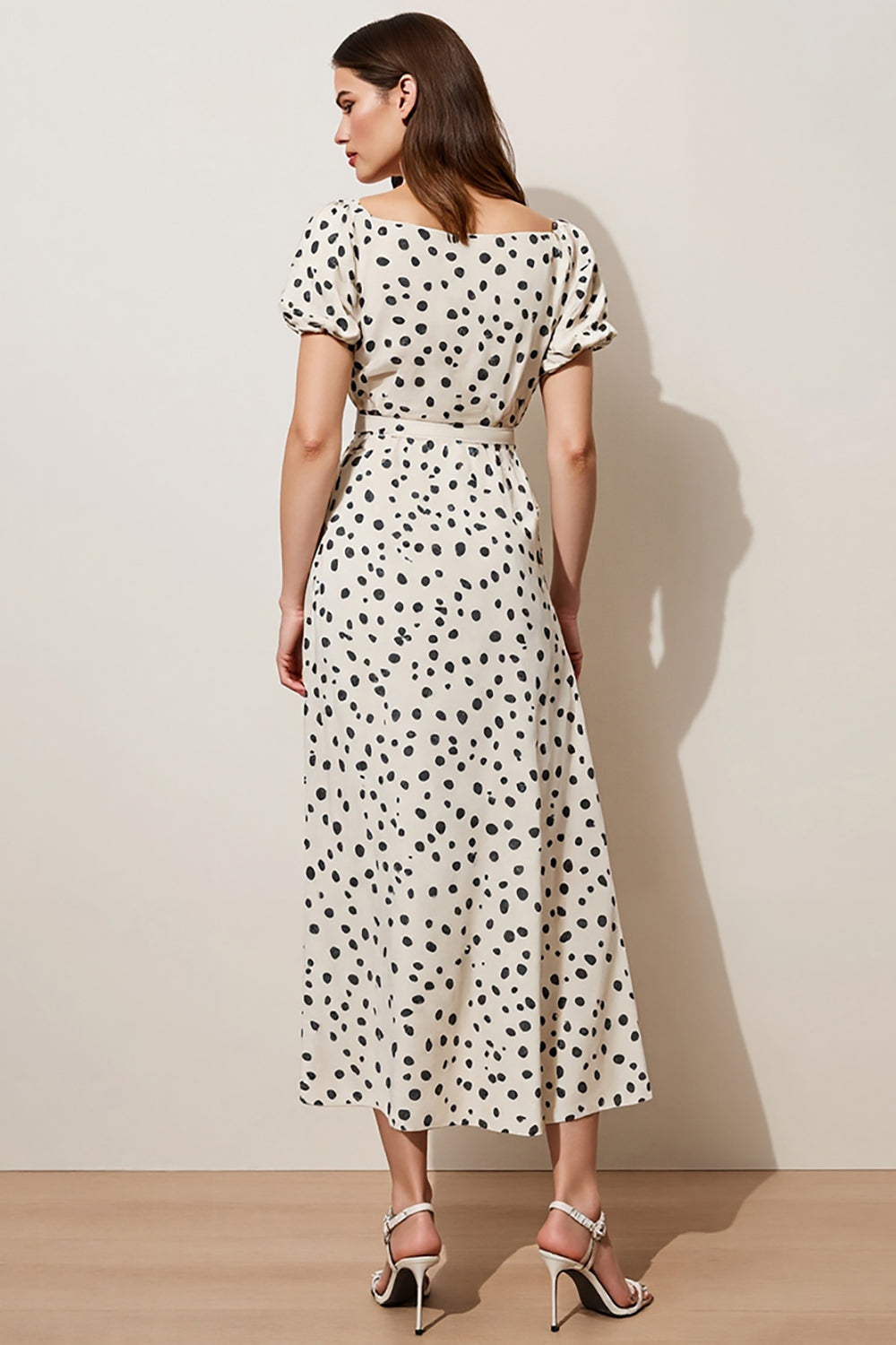 White A Line Black Dot Maxi Dress with Short Sleeves