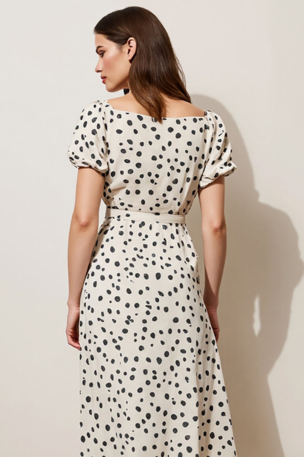 White A Line Black Dot Maxi Dress with Short Sleeves