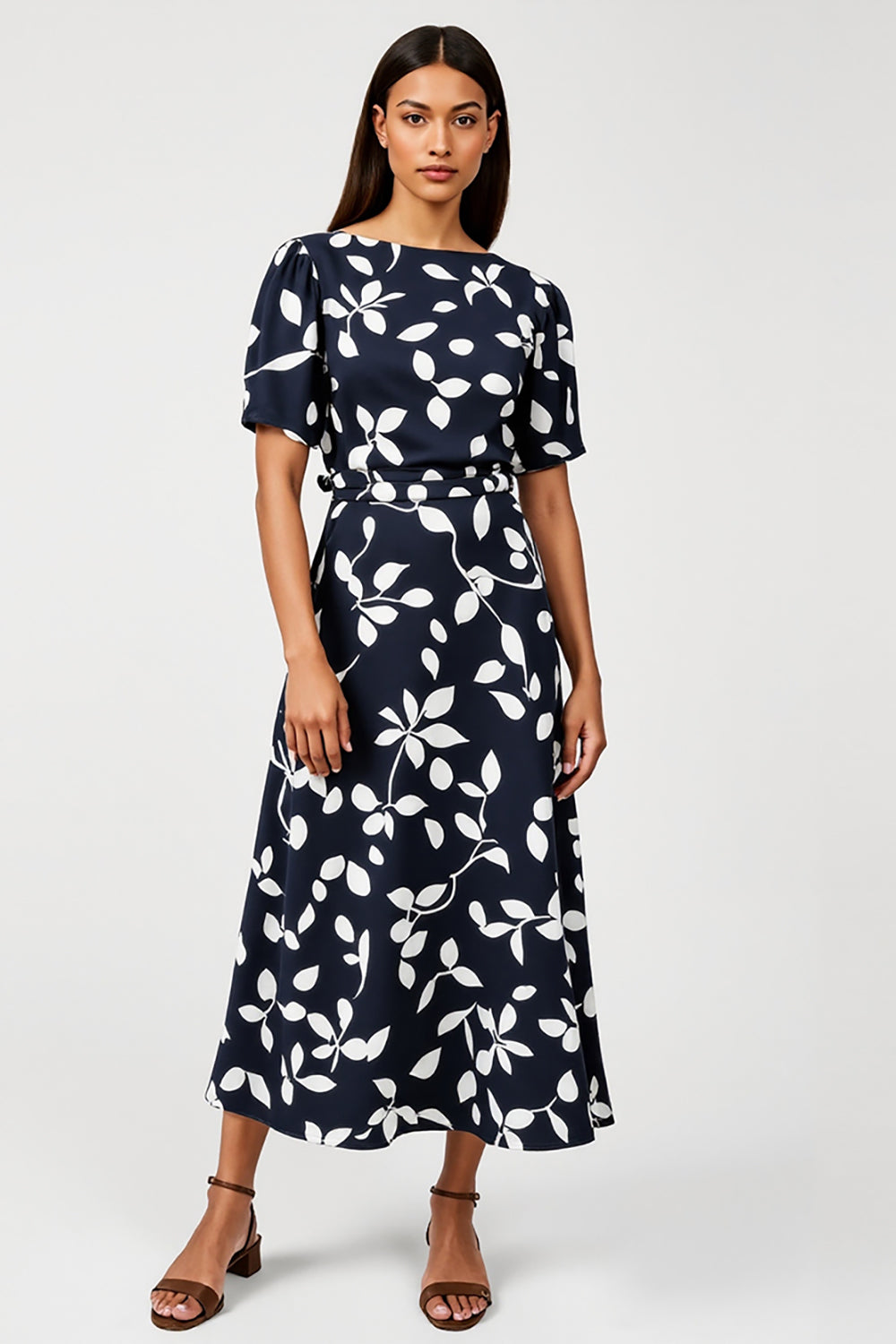 Print Navy A Line Midi Dress with Short Sleeves
