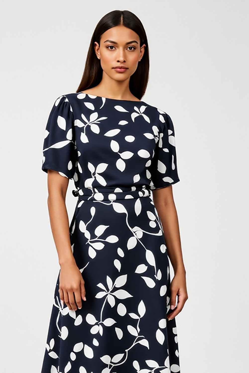 Print Navy A Line Midi Dress with Short Sleeves