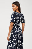 Print Navy A Line Midi Dress with Short Sleeves