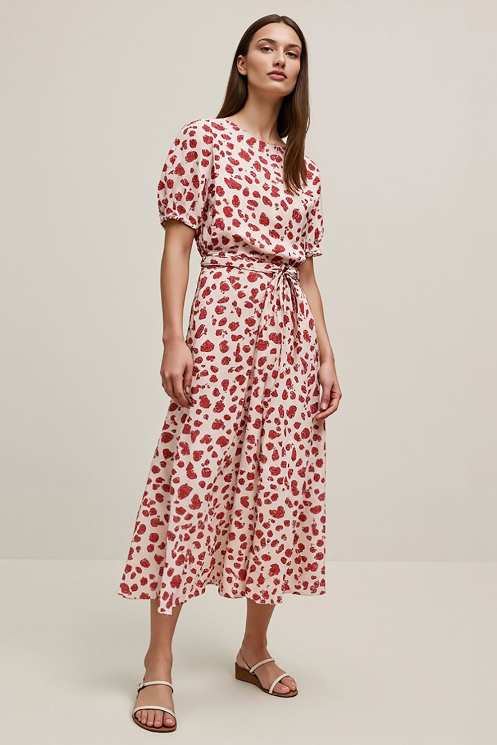 Red A Line Round Neck Printed Midi Dress