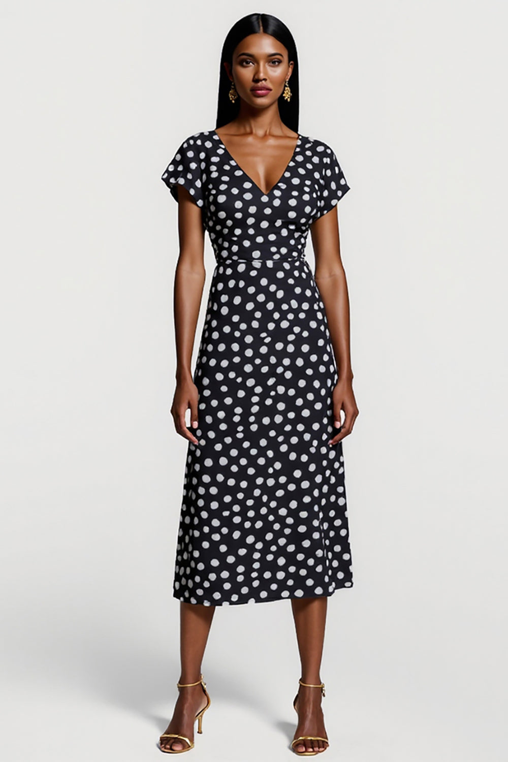 Black A Line V-Neck White Polka Dot Midi Dress
