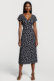 Black A Line V-Neck White Polka Dot Midi Dress