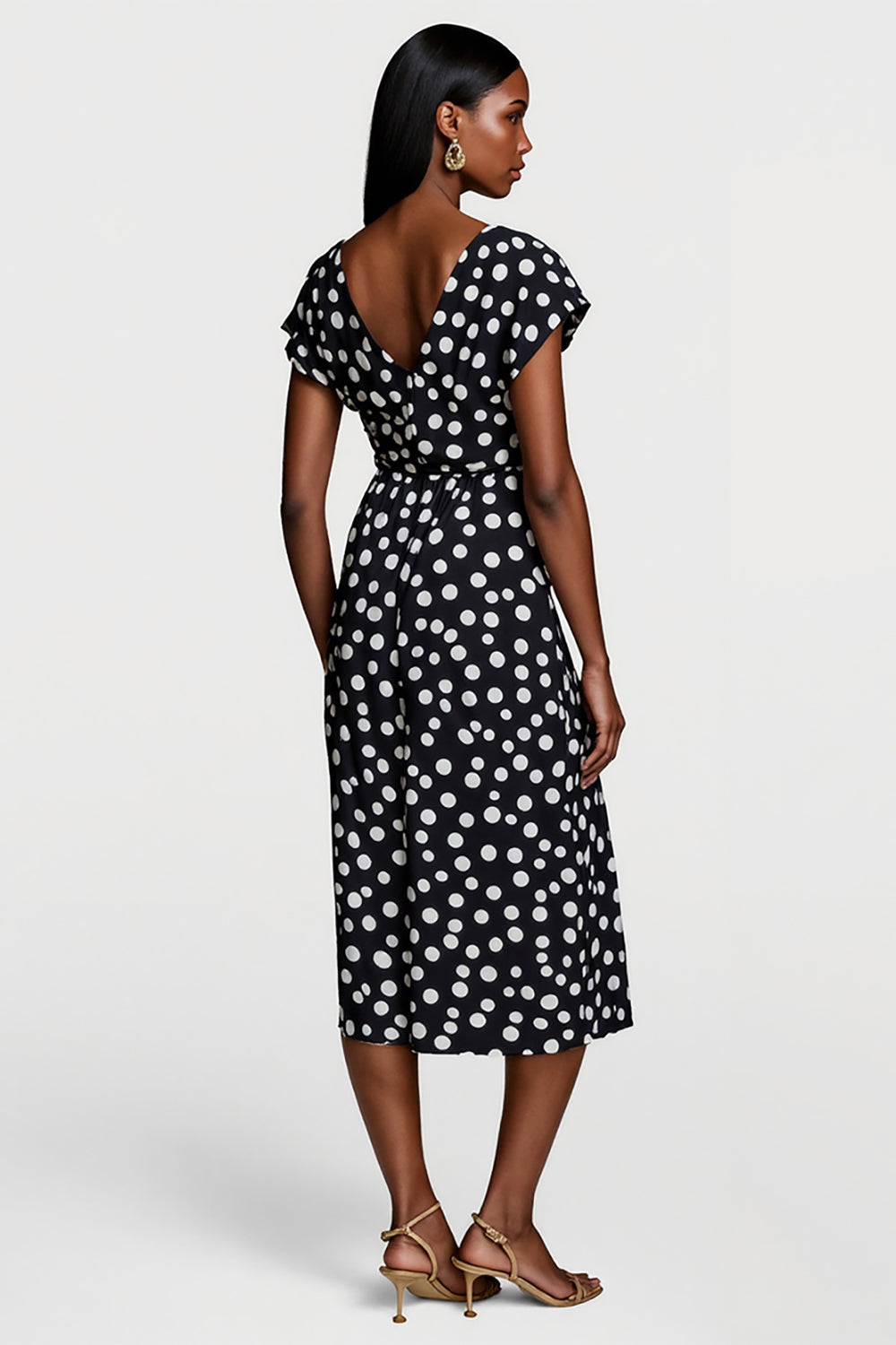 Black A Line V-Neck White Polka Dot Midi Dress