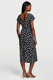 Black A Line V-Neck White Polka Dot Midi Dress