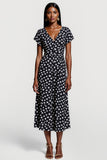 Black A Line V-Neck White Polka Dot Midi Dress