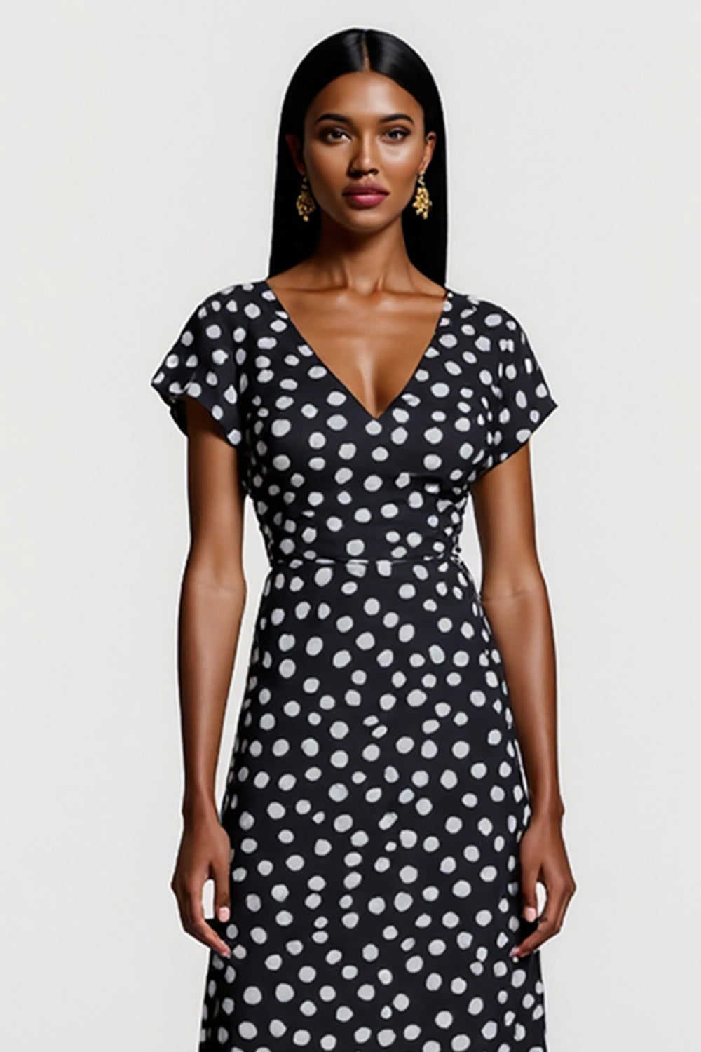 Black A Line V-Neck White Polka Dot Midi Dress