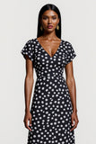 Black A Line V-Neck White Polka Dot Midi Dress