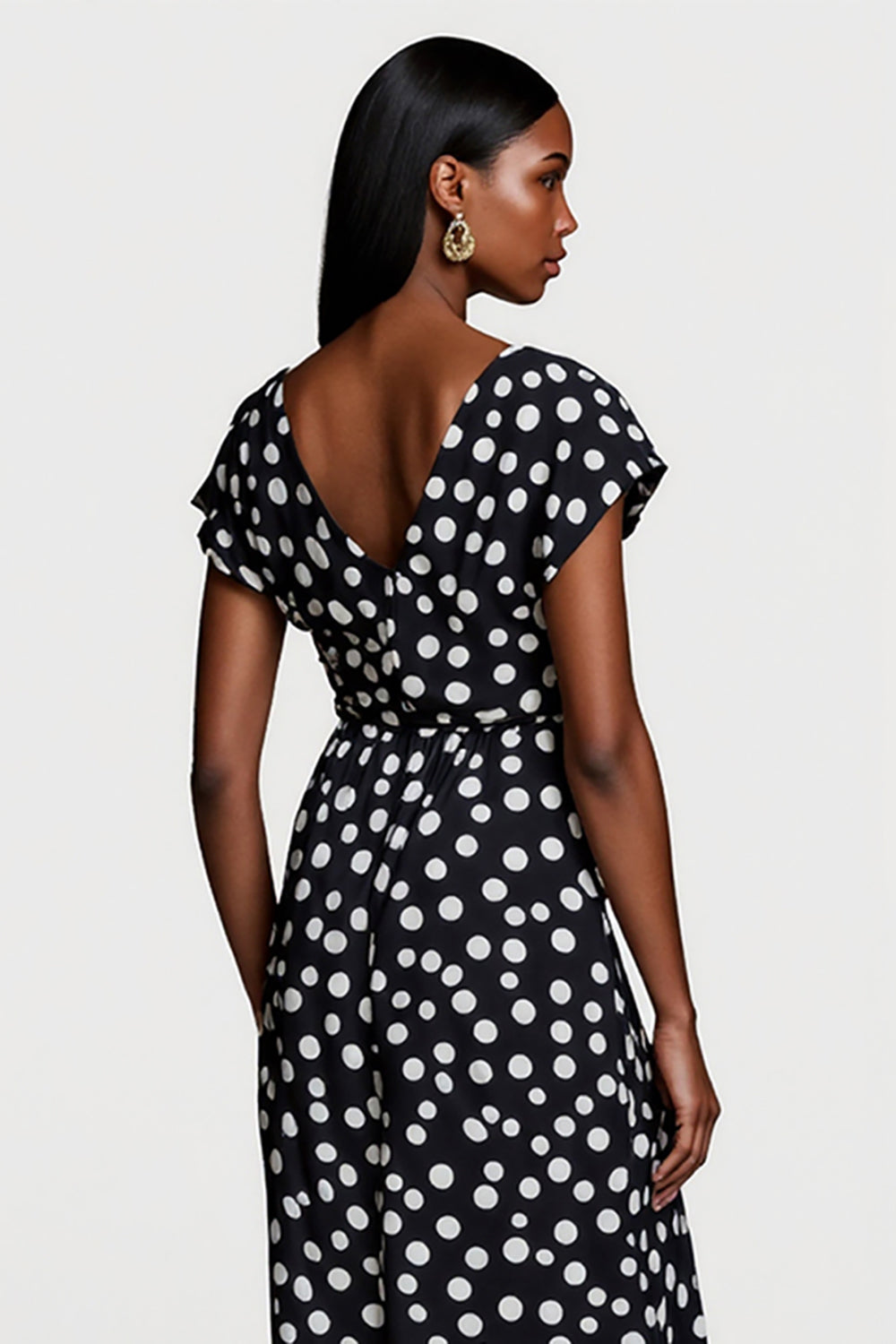 Black A Line V-Neck White Polka Dot Midi Dress