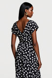 Black A Line V-Neck White Polka Dot Midi Dress
