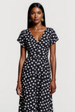 Black A Line V-Neck White Polka Dot Midi Dress