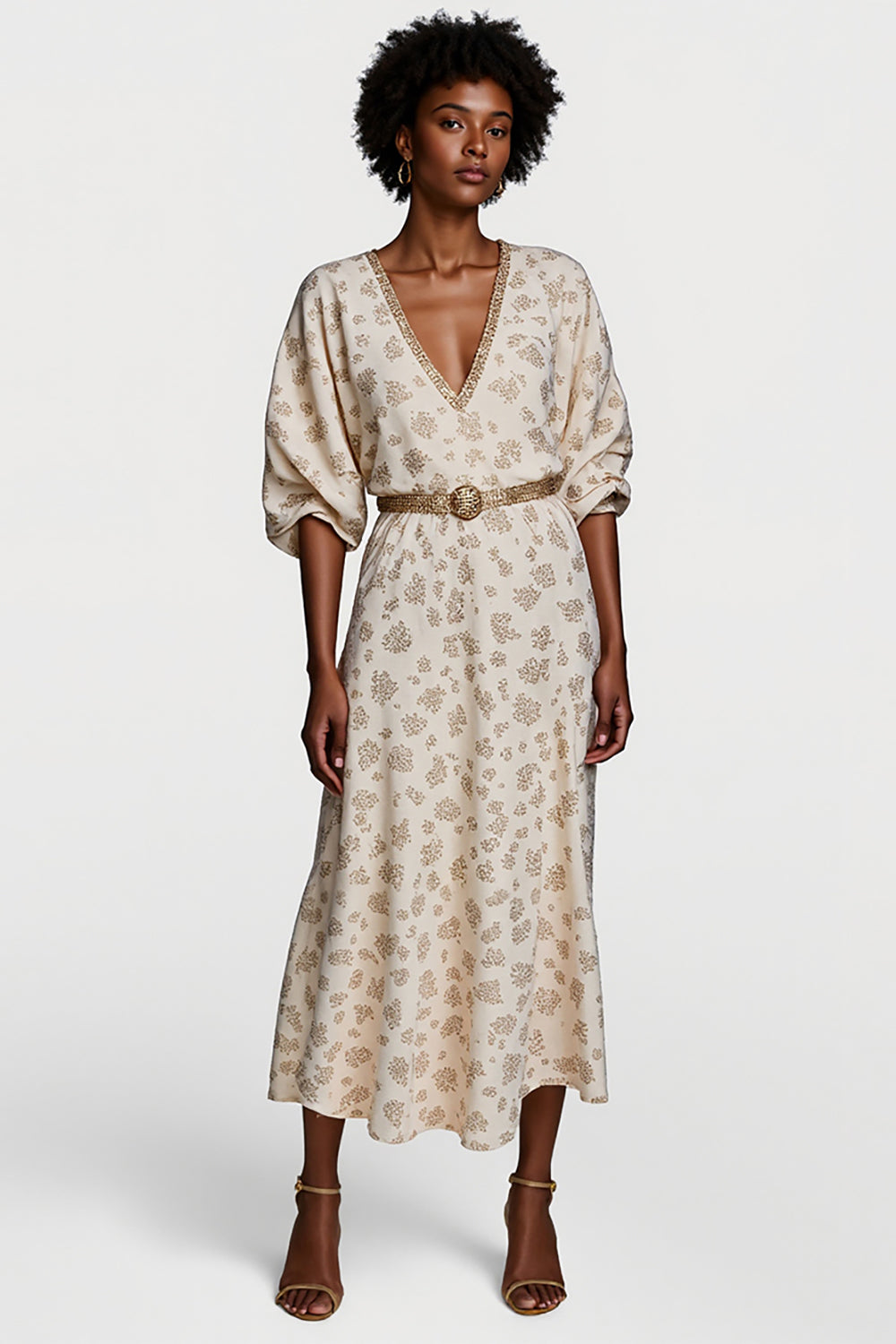 A Line Print Apricot V-Neck Midi Wedding Guest Dress with Belt