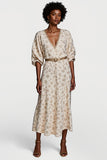 A Line Print Apricot V-Neck Midi Wedding Guest Dress with Belt