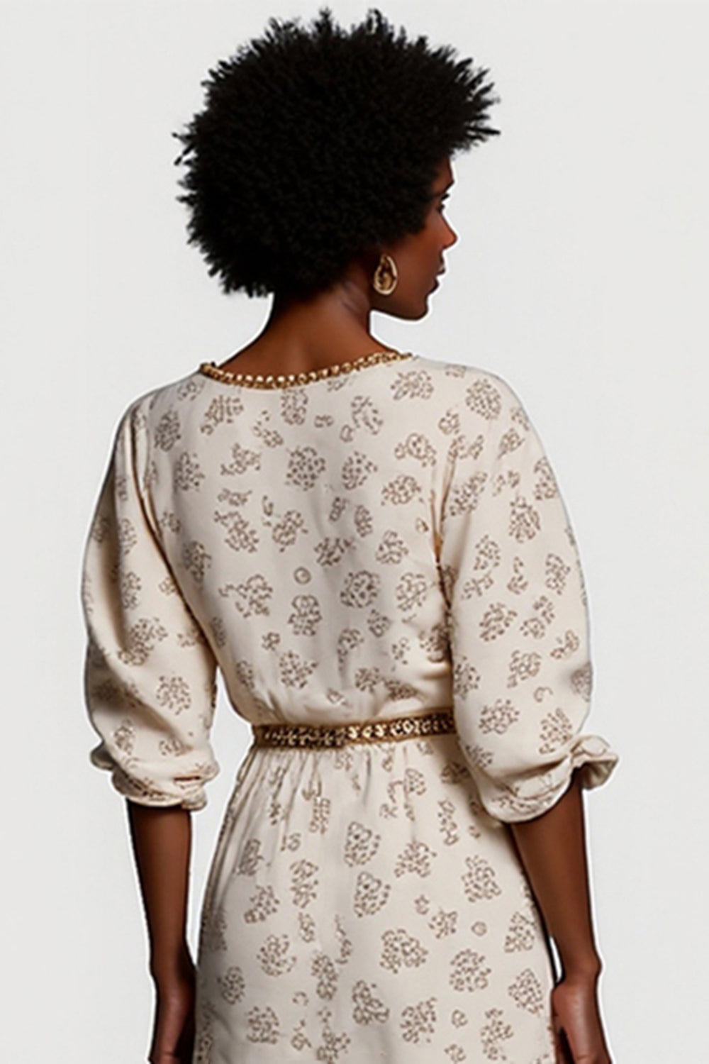 A Line Print Apricot V-Neck Midi Wedding Guest Dress with Belt