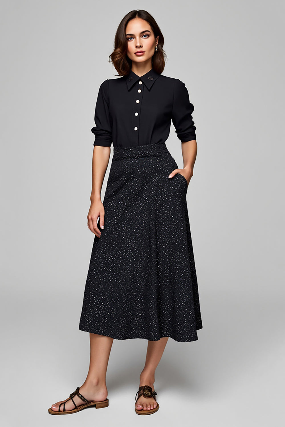 Black Lapel Neck A Line Work Dress with Half Sleeves