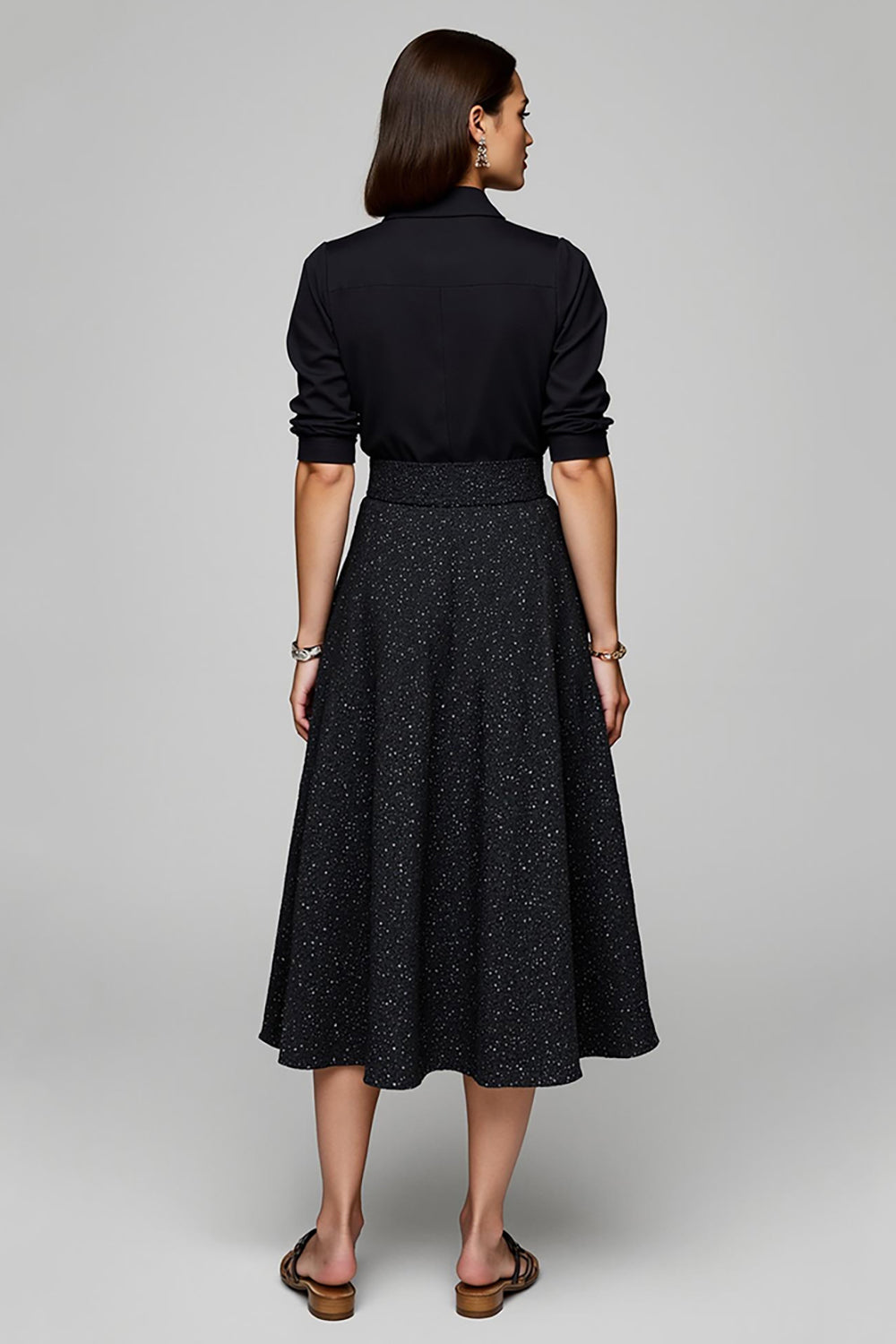 Black Lapel Neck A Line Work Dress with Half Sleeves