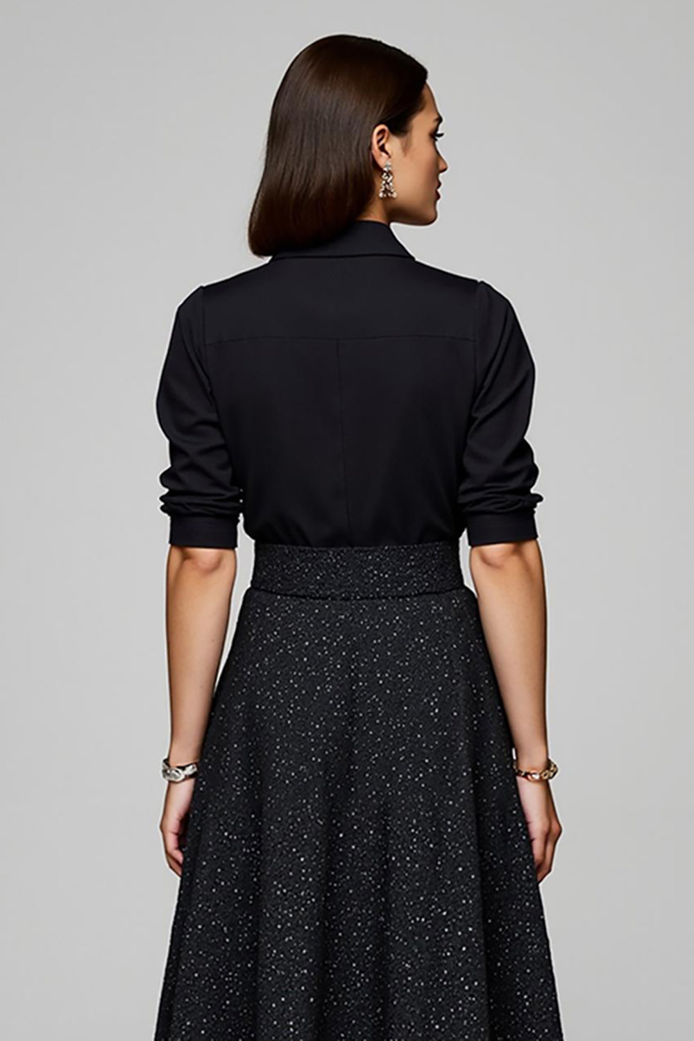 Black Lapel Neck A Line Work Dress with Half Sleeves