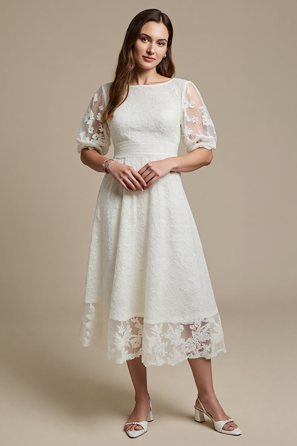 White Appliqued A Line Midi Dress with Half Sleeves