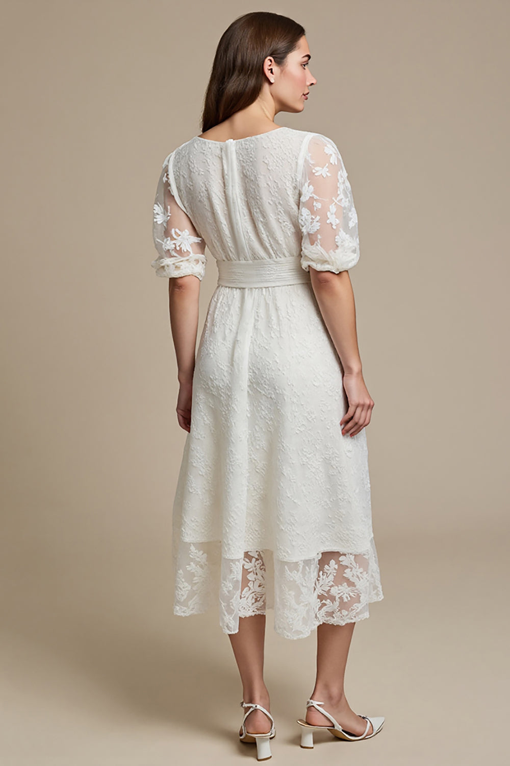 White Appliqued A Line Midi Dress with Half Sleeves