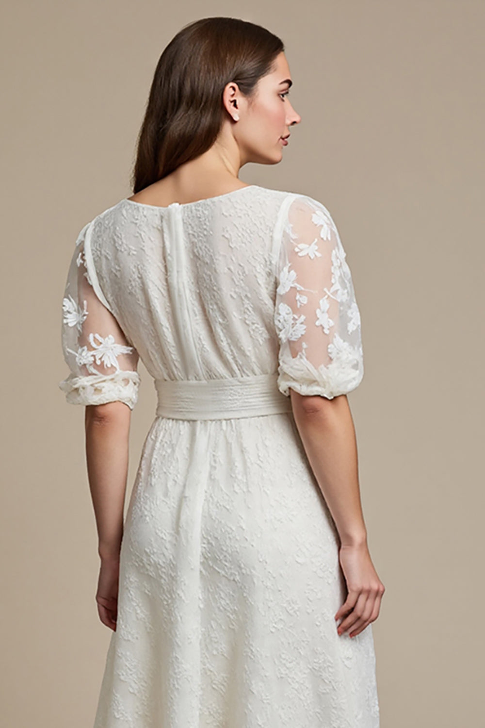 White Appliqued A Line Midi Dress with Half Sleeves