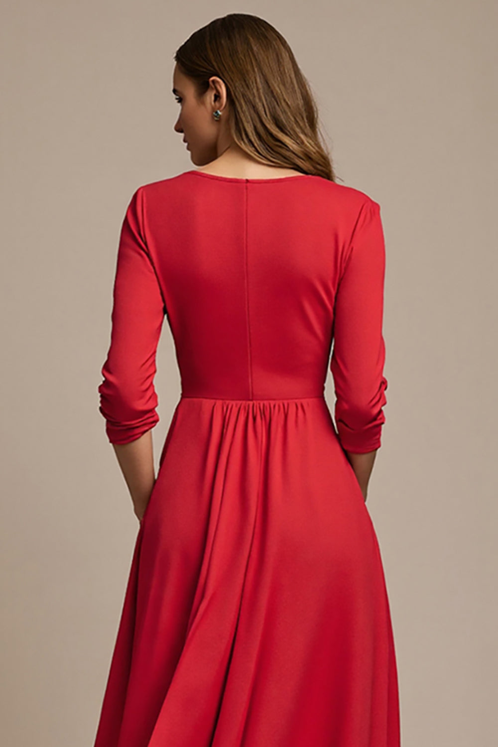 Red Long A Line Wedding Guest Dress with 3/4 Sleeves