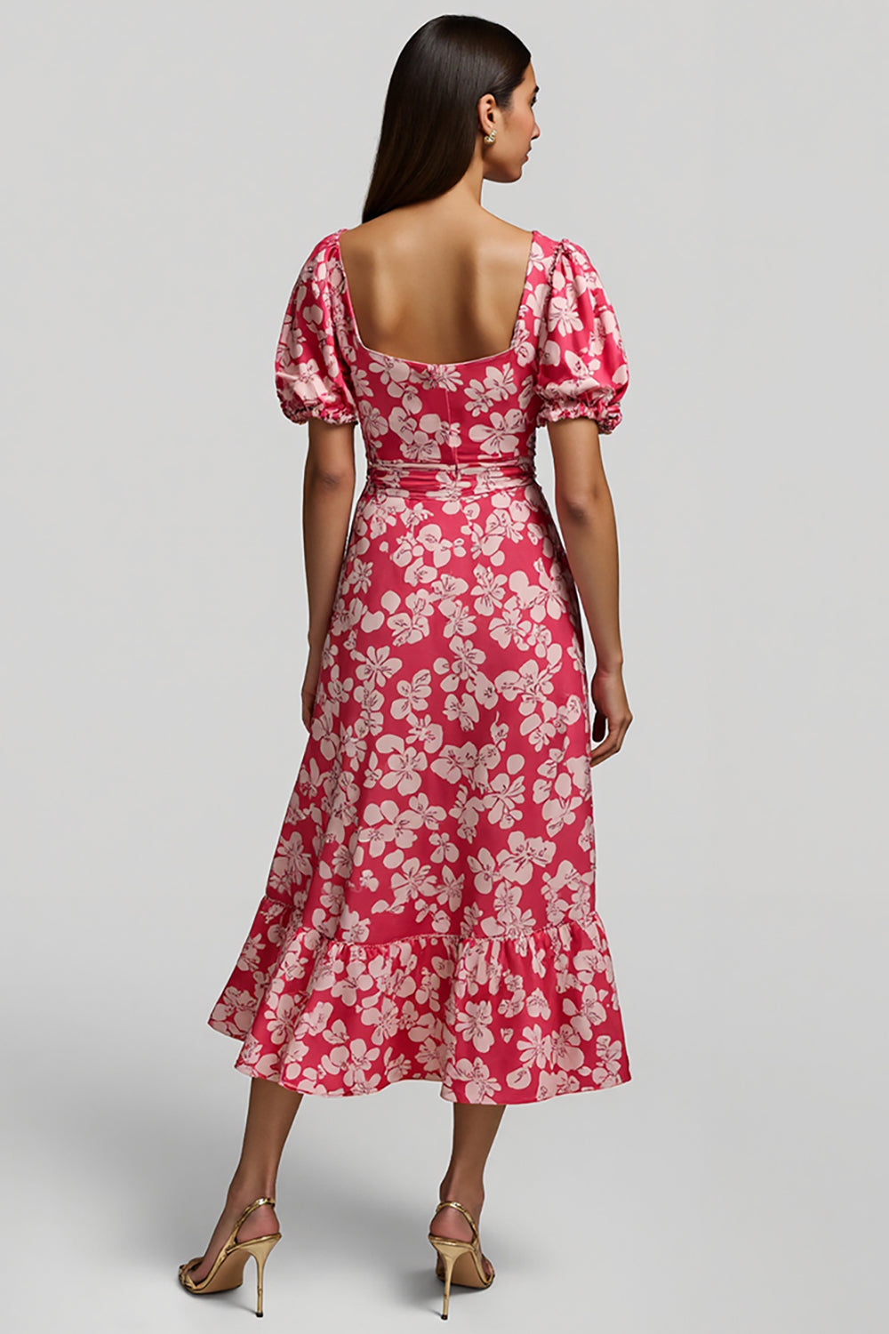 Red A Line Floral Print Midi Dress