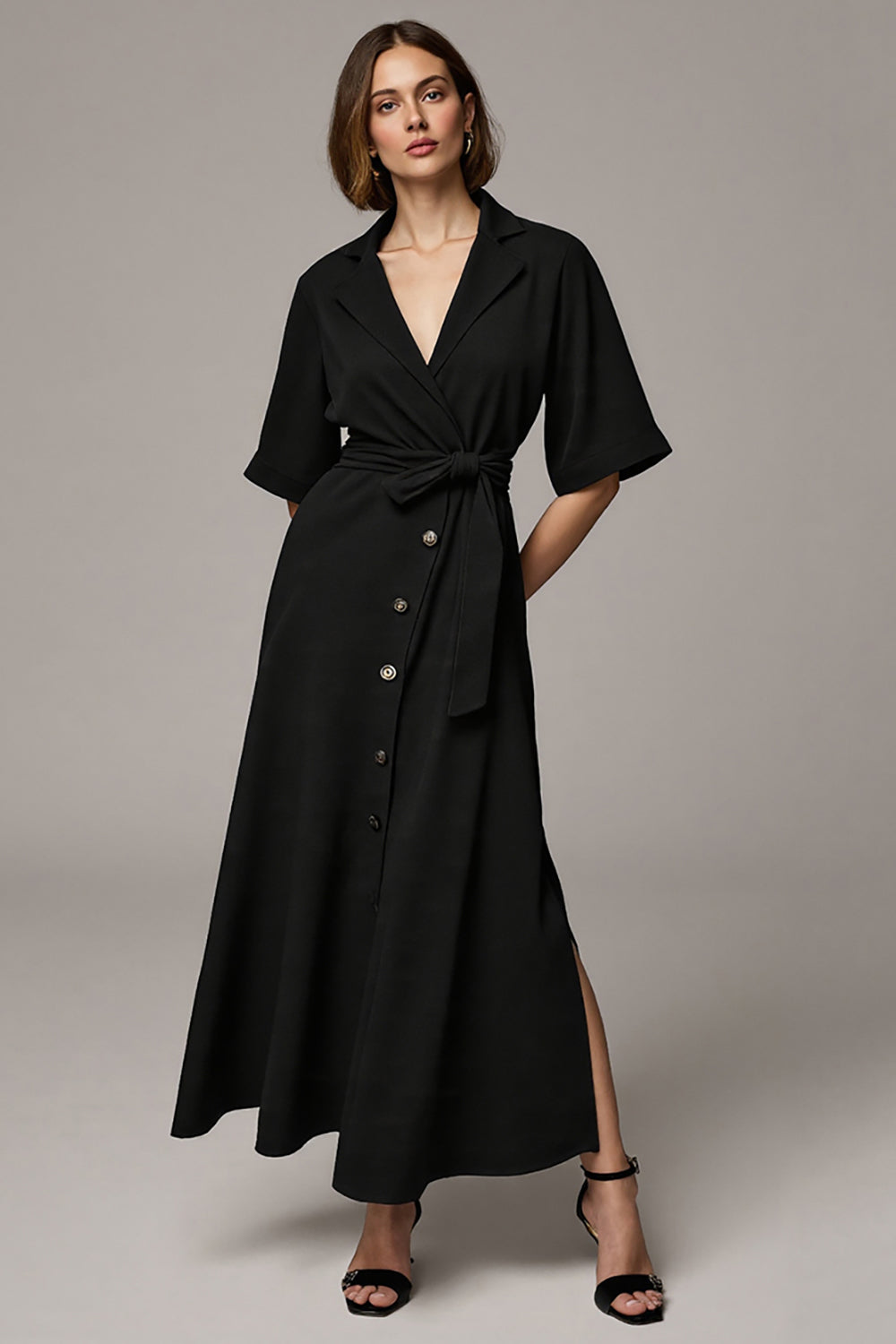 Black A Line V-Neck Work Dress with Half Sleeves