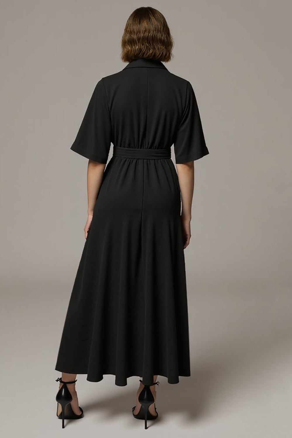 Black A Line V-Neck Work Dress with Half Sleeves