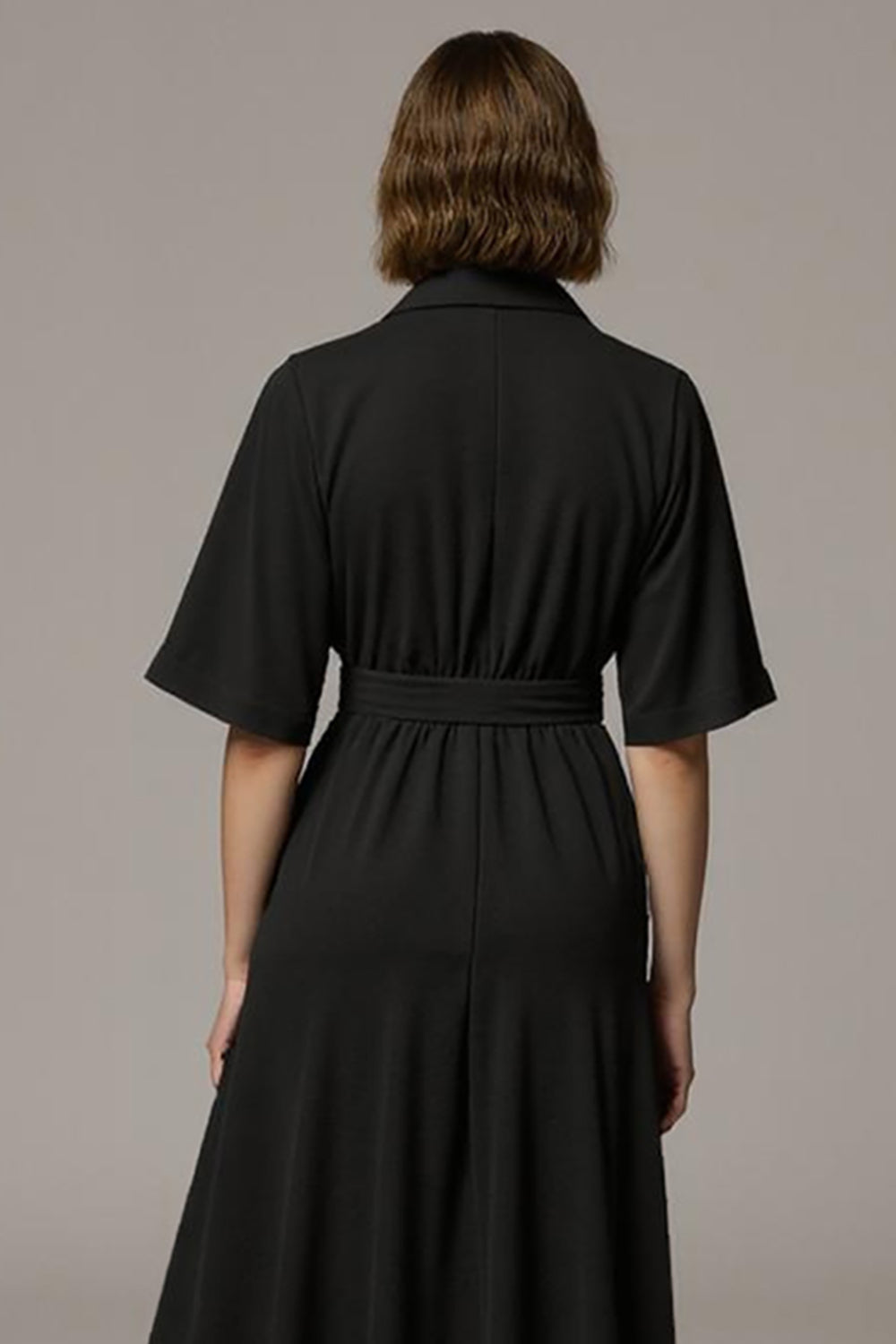 Black A Line V-Neck Work Dress with Half Sleeves