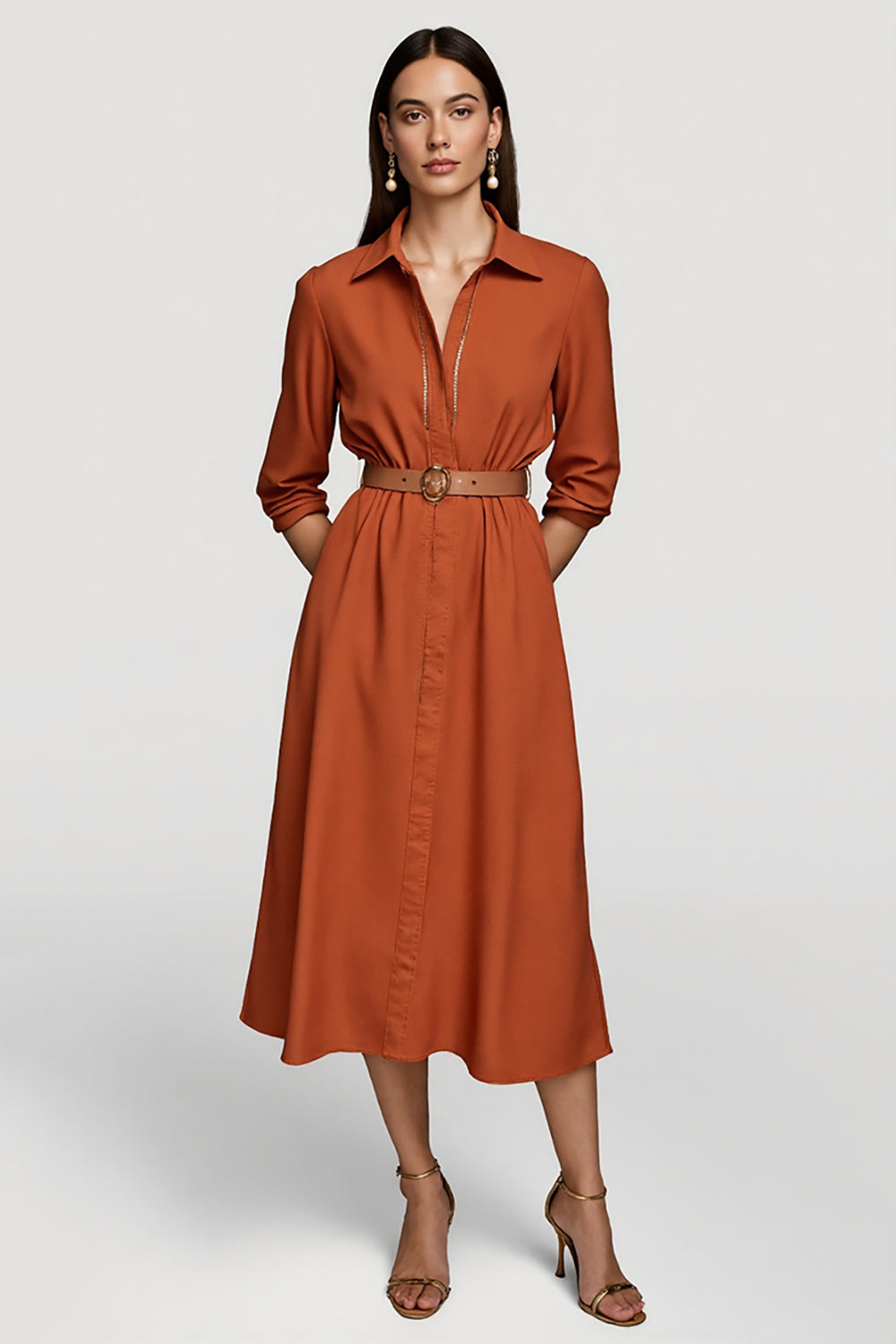 Lapel Neck A Line Orange Work Dress with Belt