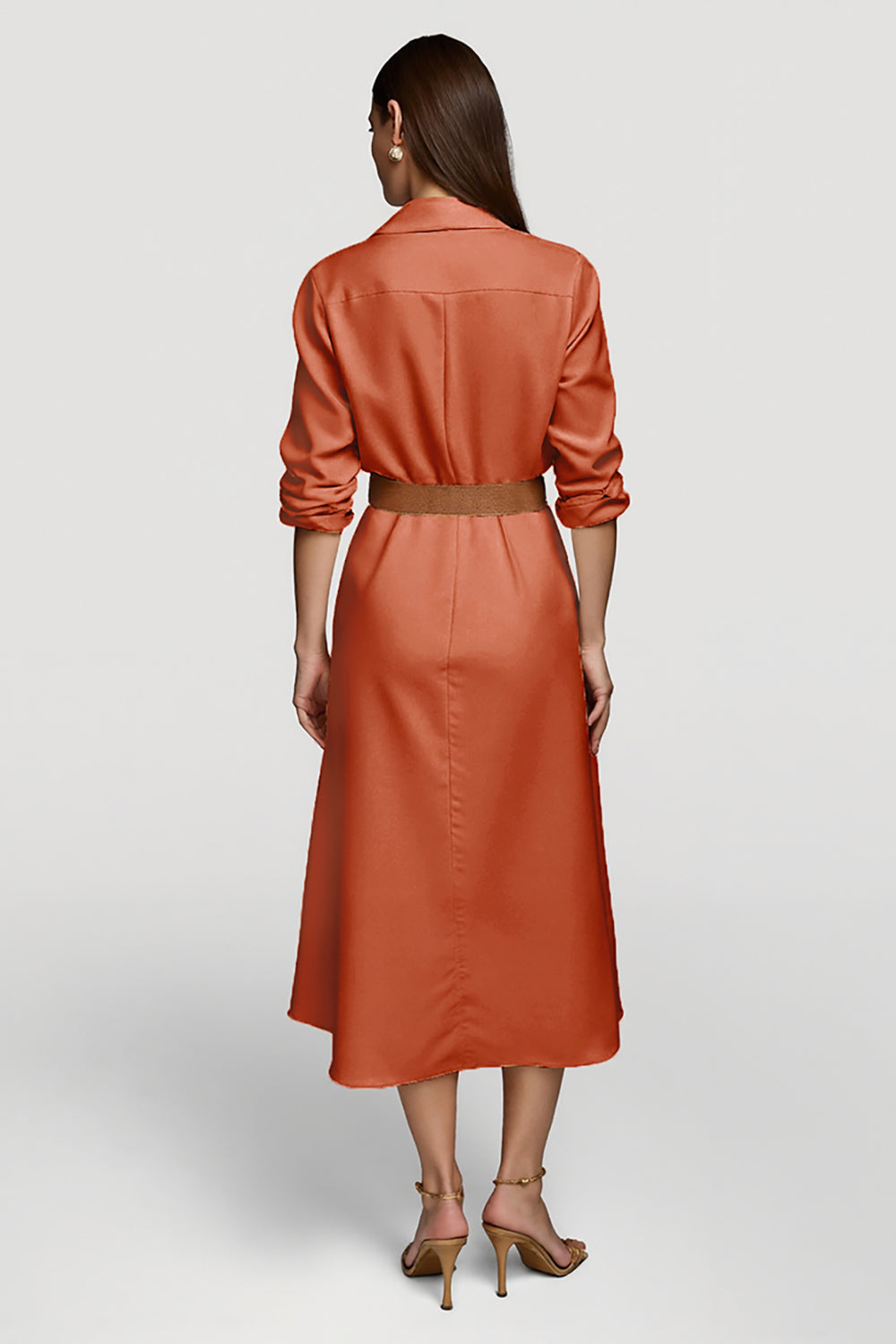 Lapel Neck A Line Orange Work Dress with Belt