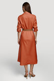 Lapel Neck A Line Orange Work Dress with Belt