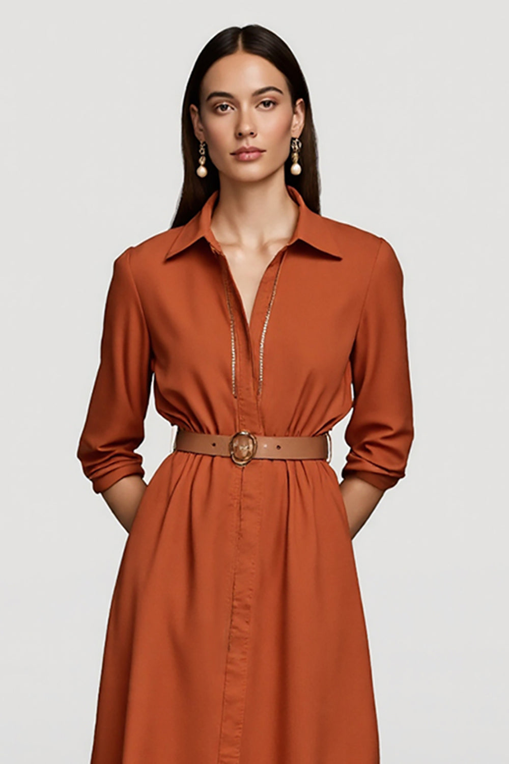 Lapel Neck A Line Orange Work Dress with Belt