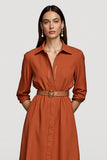 Lapel Neck A Line Orange Work Dress with Belt