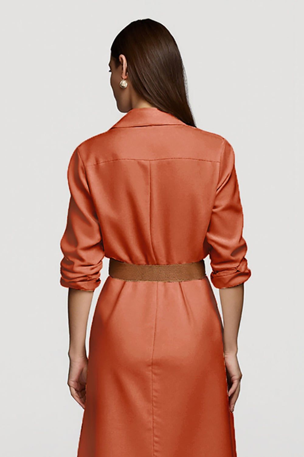 Lapel Neck A Line Orange Work Dress with Belt
