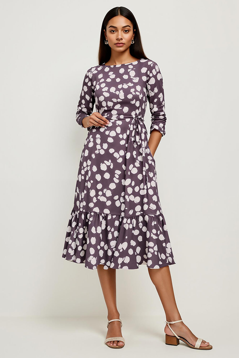 Polka Dots Dark Purple Midi A Line Wedding Guest Dress
