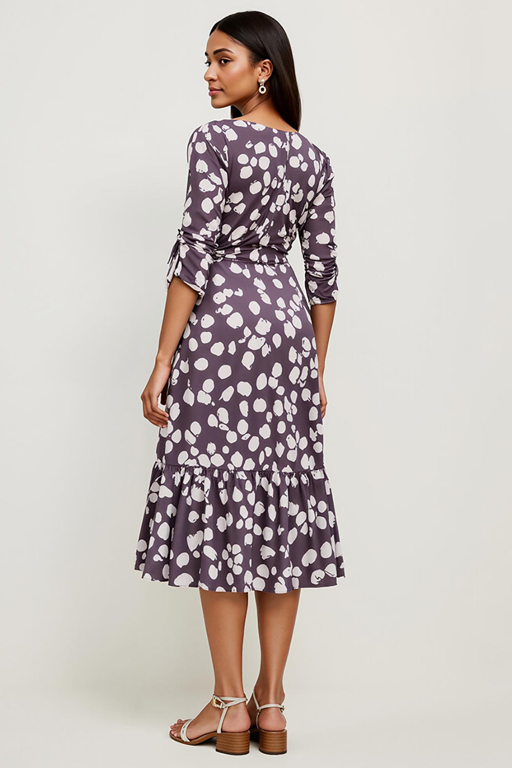 Polka Dots Dark Purple Midi A Line Wedding Guest Dress