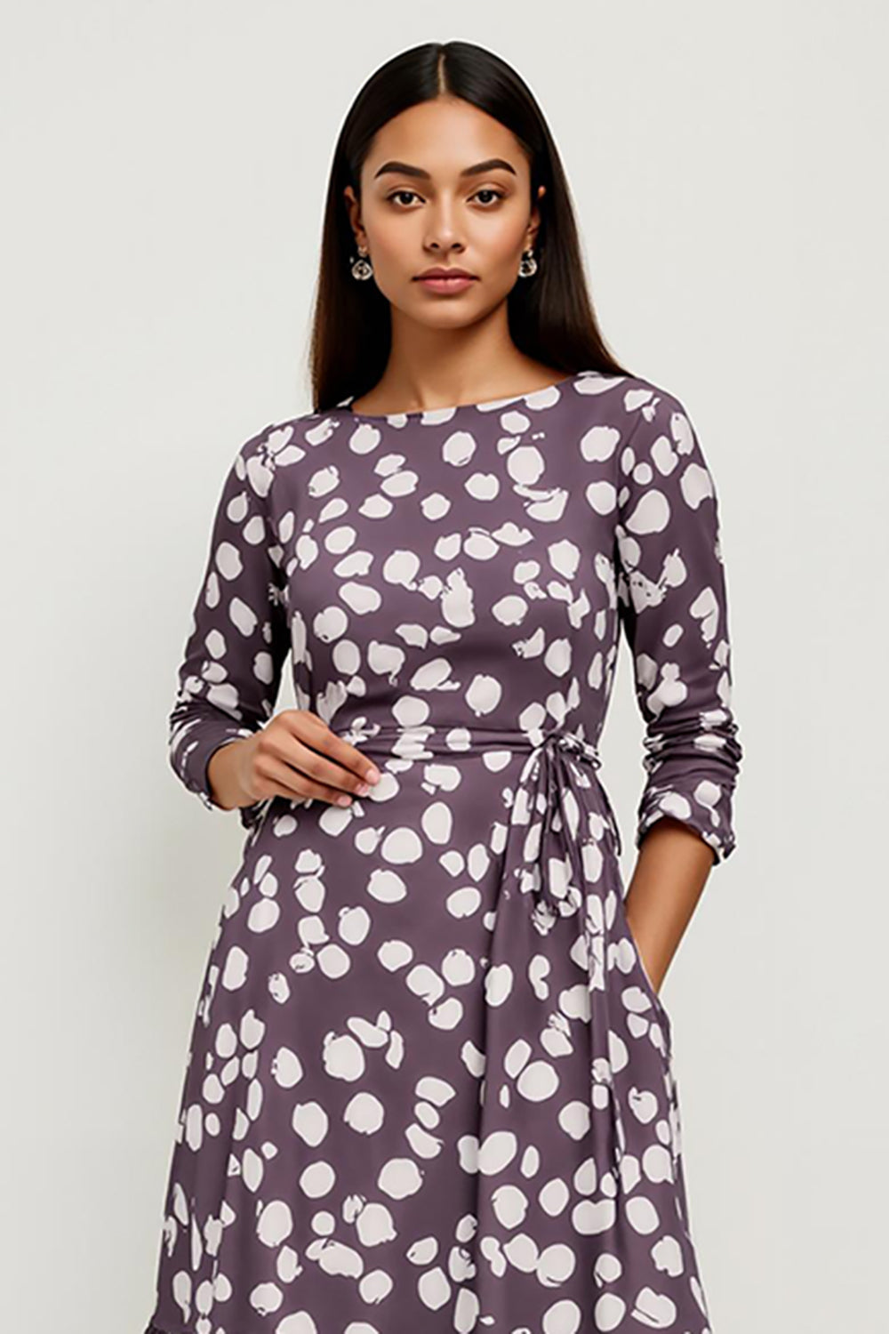 Polka Dots Dark Purple Midi A Line Wedding Guest Dress